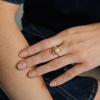 A stunning Mangrove Lily Pearl Ring featuring a Broken Bay (NSW) 7mm AAA grade Australian Akoya pearl set in 9ct gold. 