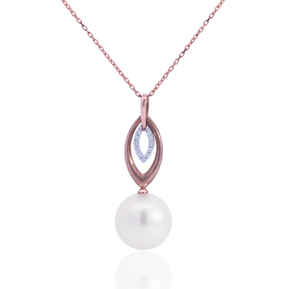 A unique Marquise Pearl Pendant featuring a round Australian South Sea pearl set alongside a marquise shaped diamond halo and gold design.