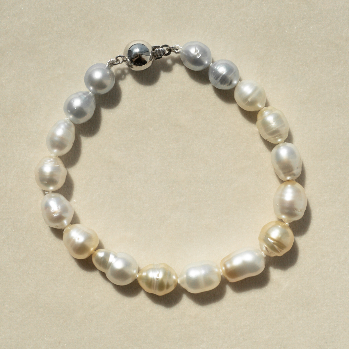 This striking Pearl Strand Bracelet features seventeen (17) 7mm to 8.5mm, Mix Colour A3 to B2 grade Cygnet Bay (WA) grown Australian South Sea pearls. This 17cm pearl strand is set with an 18ct White Gold clasp.