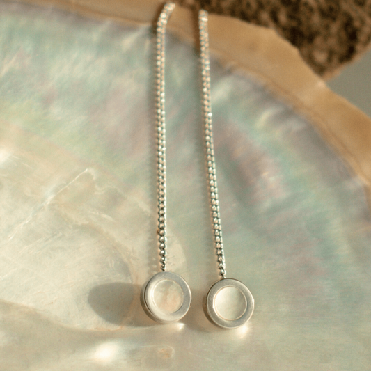 The timeless My Planet Thread Through Earrings features our Cygnet Bay (WA) Australian South Sea Mother of Pearl shell set in Sterling Silver.