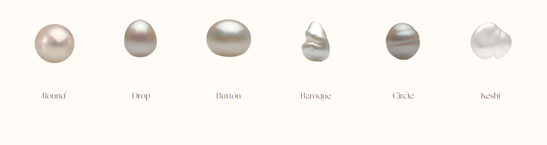 A row of pearl shapes in order from round, to drop, button, baroque, circle and keshi. Showcasing the different pearl shapes that are present in our Australian grown pearls.