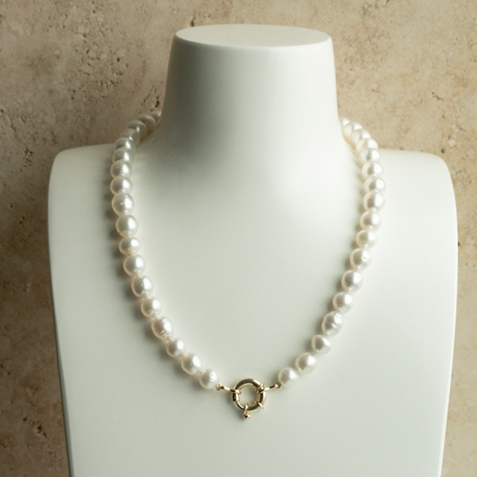 This striking Pearl Strand Necklace features forty-three (43) 8mm to 10.5mm Mixed Shape A3 to B2 grade Cygnet Bay (WA) grown Australian South Sea pearls. This pearl strand is set with an 18ct Yellow Gold clasp.