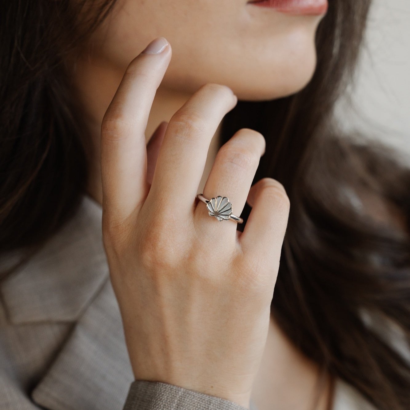 The stunning Petite Shell Ring features our Cygnet Bay (WA) grown Australian South Sea Mother of Pearl shell set in Sterling Silver.