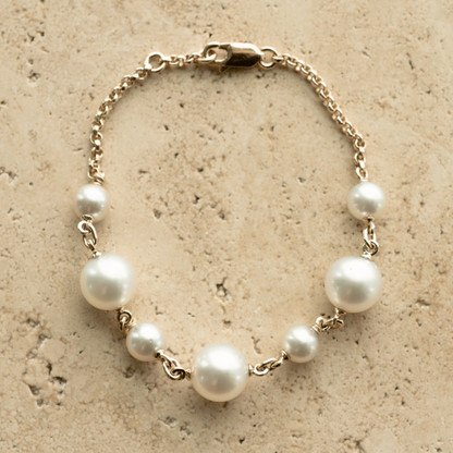 This incredible Provenance Pearl Strand Bracelet features two Cygnet Bay (WA) grown Australian South Sea pearls alongside four Broken Bay (NSW) grown Australian Akoya pearls set on a gold chain.