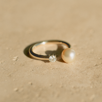 This incredible Provenance Open Diamond Pearl Ring features a Cygnet Bay (WA) grown Australian South Sea pearl and a stunning White Diamond set on a gold band.