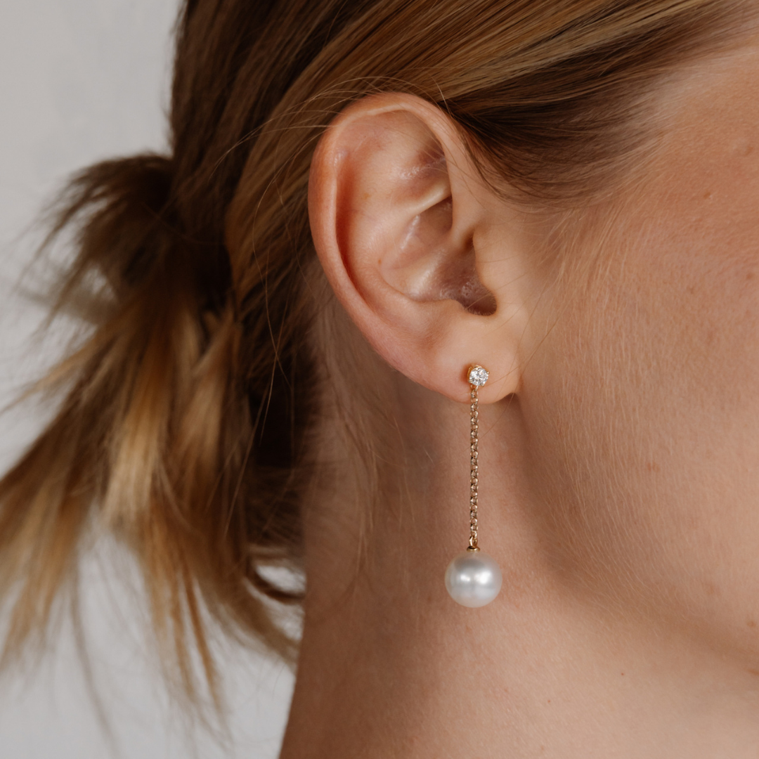 This incredible Detachable Provenance Pearl Earrings features Cygnet Bay (WA) grown Australian South Sea pearls set on a gold chain, which can be attached to any pair of stud earrings.