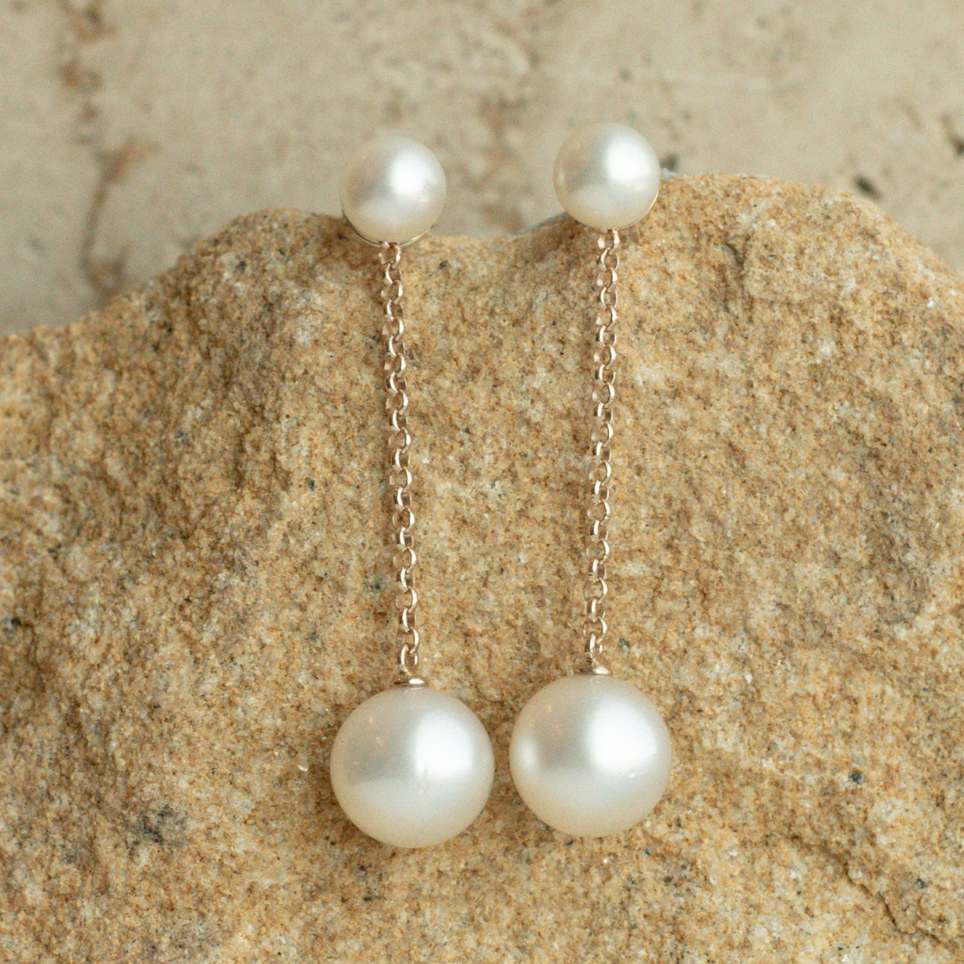 These incredible Provenance Pearl Earrings features a Cygnet Bay (WA) grown Australian South Sea pearl and two Broken Bay (NSW) grown Australian Akoya pearls set on a gold chain.