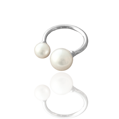 This incredible Provenance Open Pearl Ring features a Cygnet Bay (WA) grown Australian South Sea pearl alongside a Broken Bay (NSW) grown Australian Akoya pearl set on a white gold band.