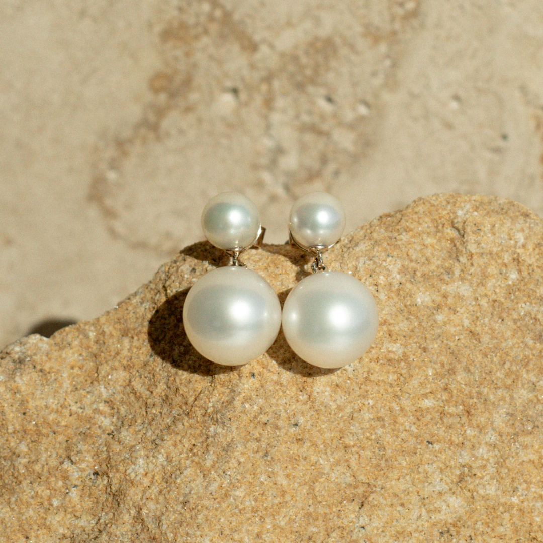 These incredible Provenance Short Pearl Earrings features a Cygnet Bay (WA) grown Australian South Sea pearl and two Broken Bay (NSW) grown Australian Akoya pearls set in gold.