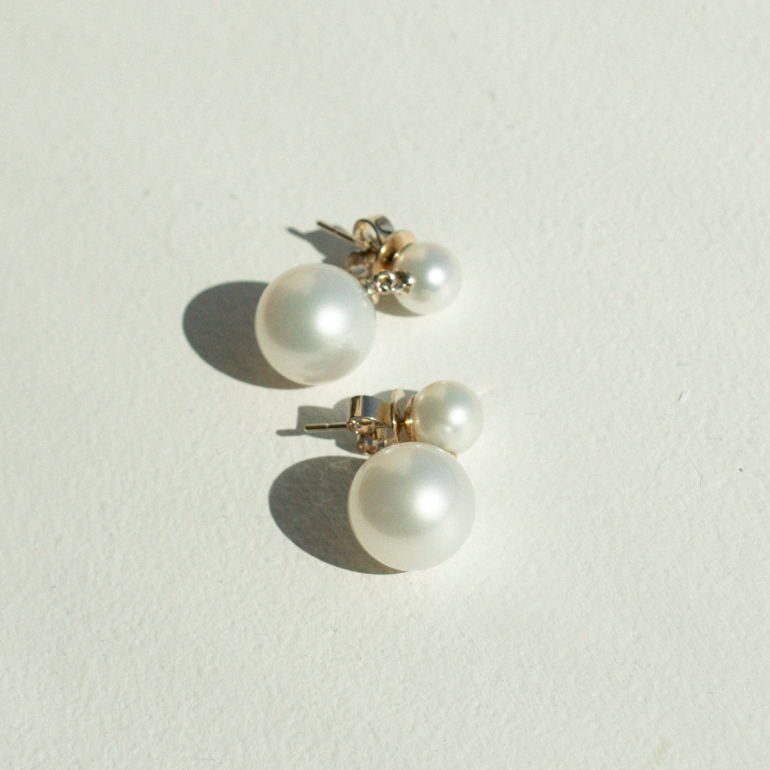 These incredible Provenance Short Pearl Earrings features a Cygnet Bay (WA) grown Australian South Sea pearl and two Broken Bay (NSW) grown Australian Akoya pearls set in gold.