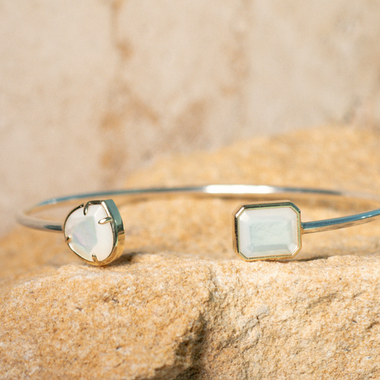 This stunning Radiance Emerald & Pear Cut Bangle features faceted Mother of Pearl grown at our Cygnet Bay Pearl Farm (WA).