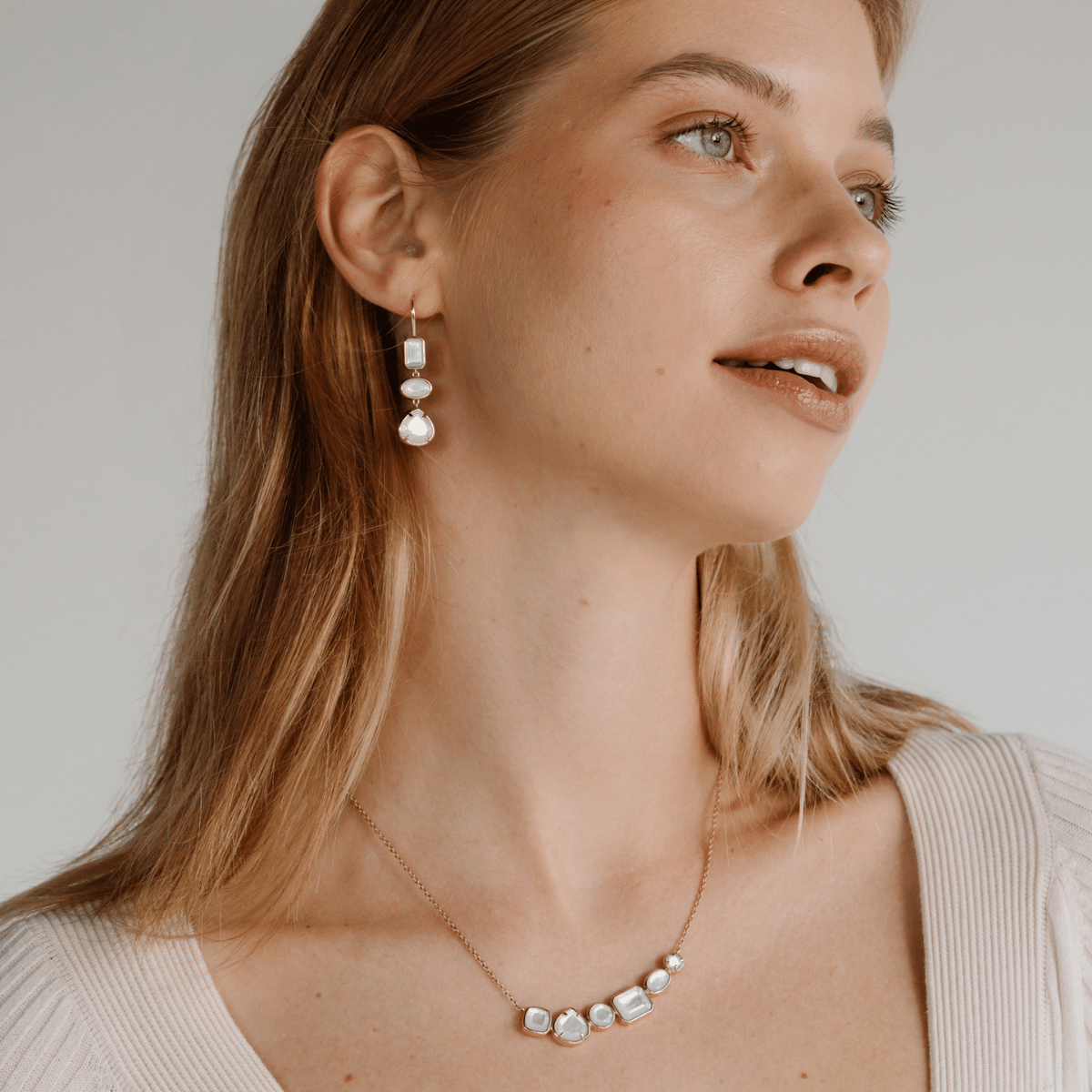 These stunning Radiance Medley Drop Earrings features faceted Mother of Pearl grown at our Cygnet Bay Pearl Farm set in gold.