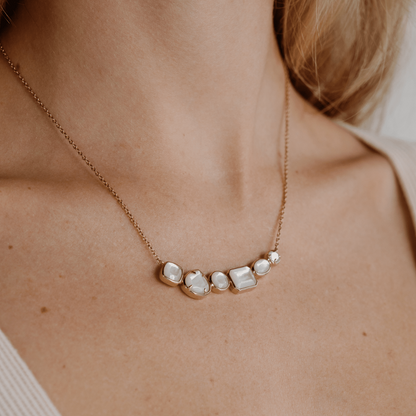 This stunning Radiance Medley Necklace features faceted Mother of Pearl grown at our Cygnet Bay Pearl Farm set on a gold chain.