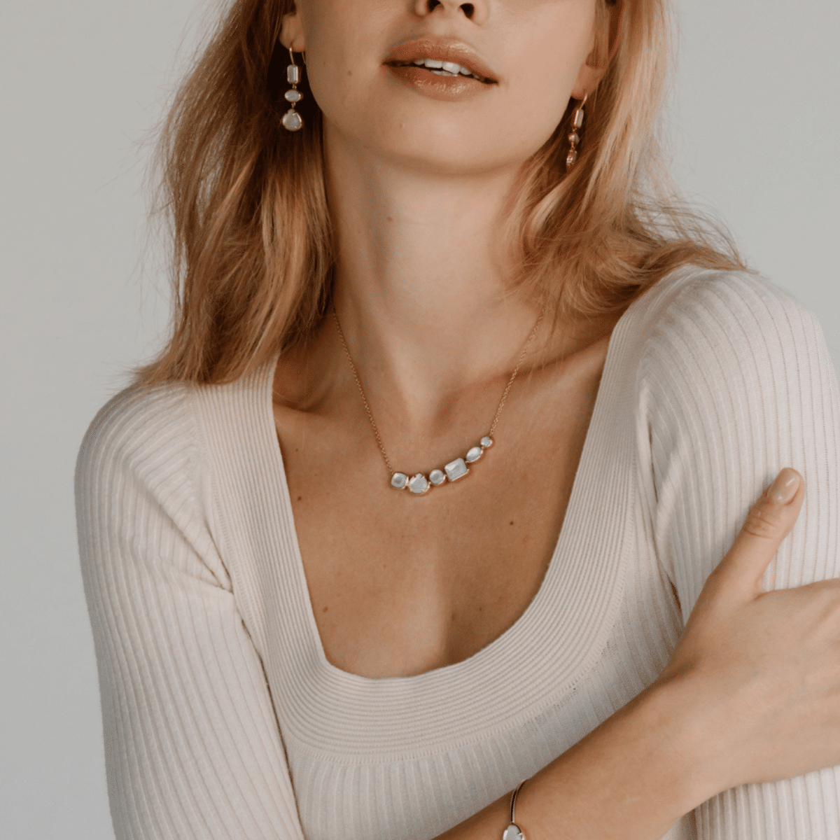 This stunning Radiance Medley Necklace features faceted Mother of Pearl grown at our Cygnet Bay Pearl Farm set on a gold chain.