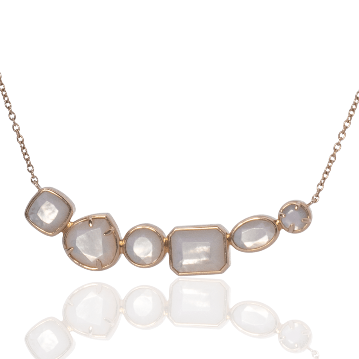 This stunning Radiance Medley Necklace features faceted Mother of Pearl grown at our Cygnet Bay Pearl Farm set on a gold chain.