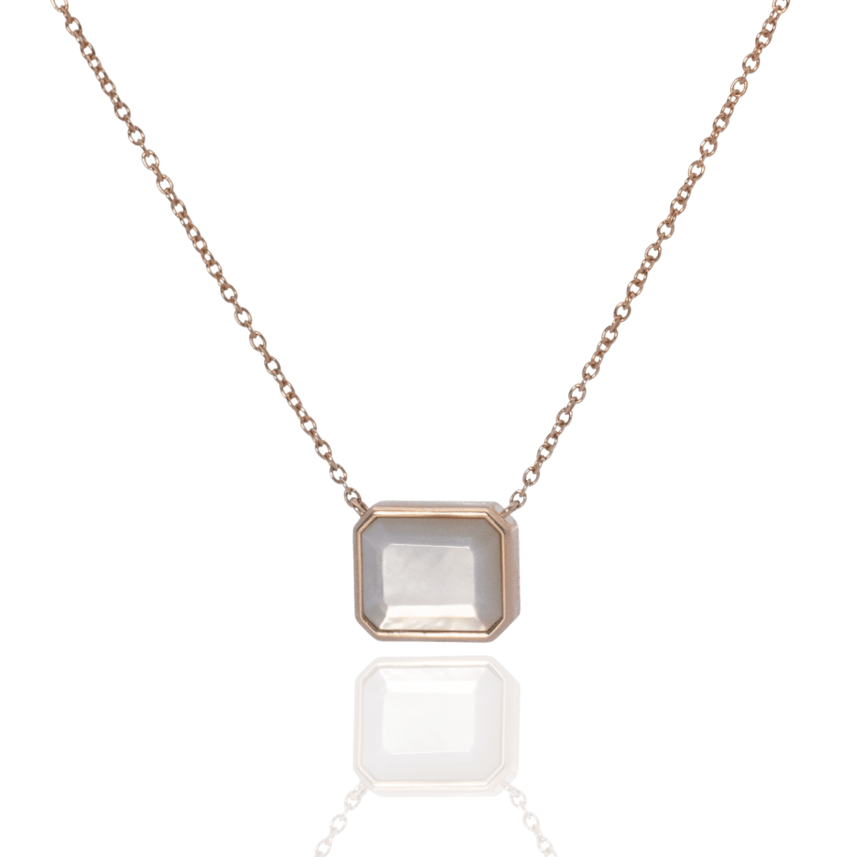 This stunning Radiance Emerald Cut Necklace features faceted Mother of Pearl grown at our Cygnet Bay Pearl Farm set on a gold chain. 