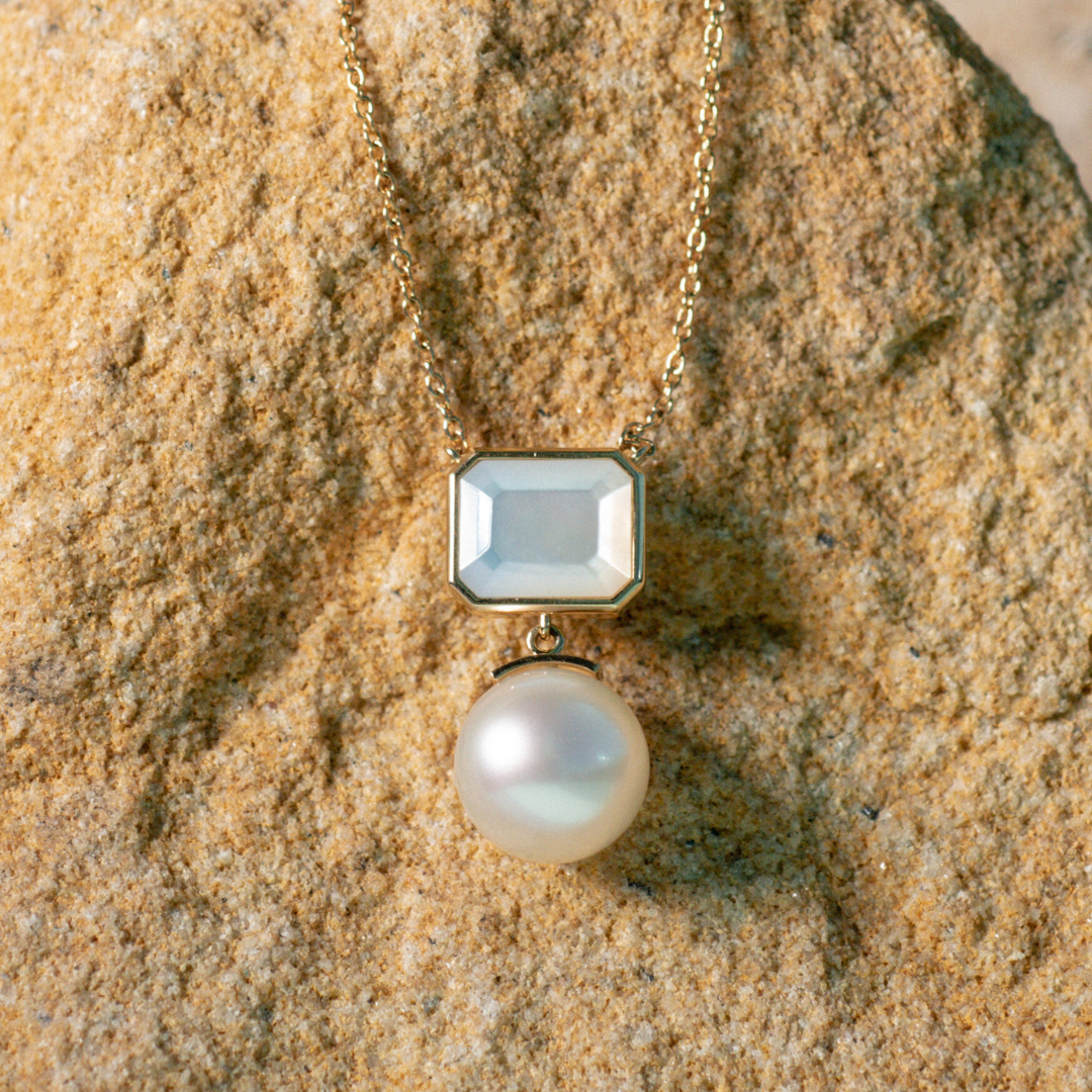 This stunning Radiance Emerald Cut & Pearl Necklace features faceted Mother of Pearl grown at our Cygnet Bay Pearl Farm (WA) alongside a Cygnet Bay (WA) grown Australian South Sea pearl.