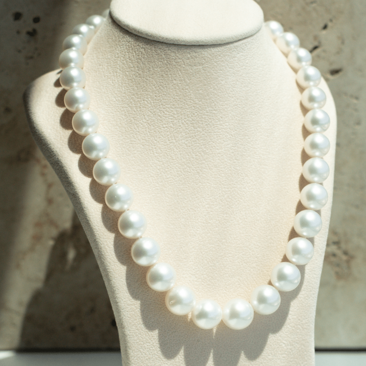 This striking Pearl Strand Necklace features thirty-five (35) 11 to 14.5mm Round A3 to B2+ grade Cygnet Bay (WA) grown Australian South Sea pearls. This 46cm pearl strand is set with an 18ct White Gold clasp.