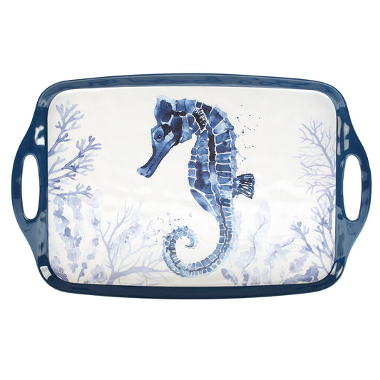 Spanning 19 inches by 12 inches, this tray is a substantial addition to any sea-themed dinner or gathering. Adorned with a striking watercolor depiction of a seahorse amidst a backdrop of delicate coral and marine foliage, the design captures the tranquil essence of underwater life. 

