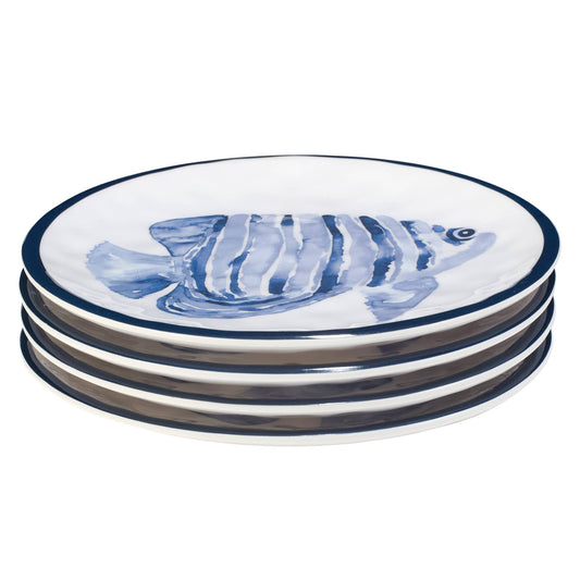 Each 6-inch plate is a portal to the sea, featuring a beautifully painted fish in serene shades of blue, capturing the essence of the aquatic world. These plates are perfect for serving appetizers, desserts, or small seafood tastings, providing a hint of nautical elegance to any occasion.


