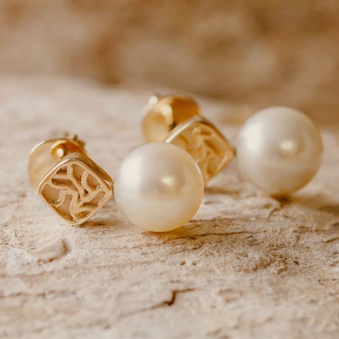 An elegant pair of Seagrass Pearl Stud Earrings featuring a Broken Bay (NSW) grown Australian Akoya pearls set in gold.