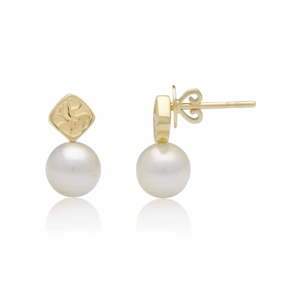 An elegant pair of Seagrass Pearl Stud Earrings featuring Broken Bay (NSW) grown Australian Akoya pearls set in yellow gold.