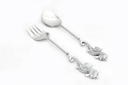 Silver fork and spoon set with seahorse designs on a white background
