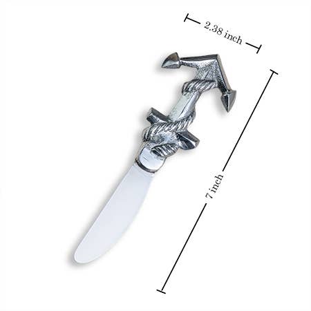 Butter knife with decorative handle on a white background, showing measurements.