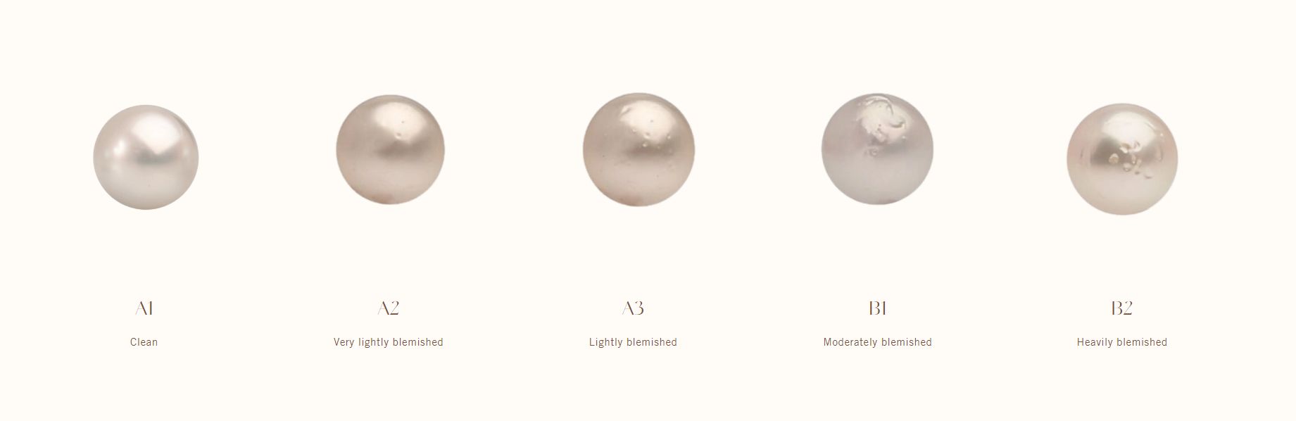 A row of Australian South Sea pearls in order from most clean surface, shown in A1 grade to least clean surface, show in B2 grade pearls.