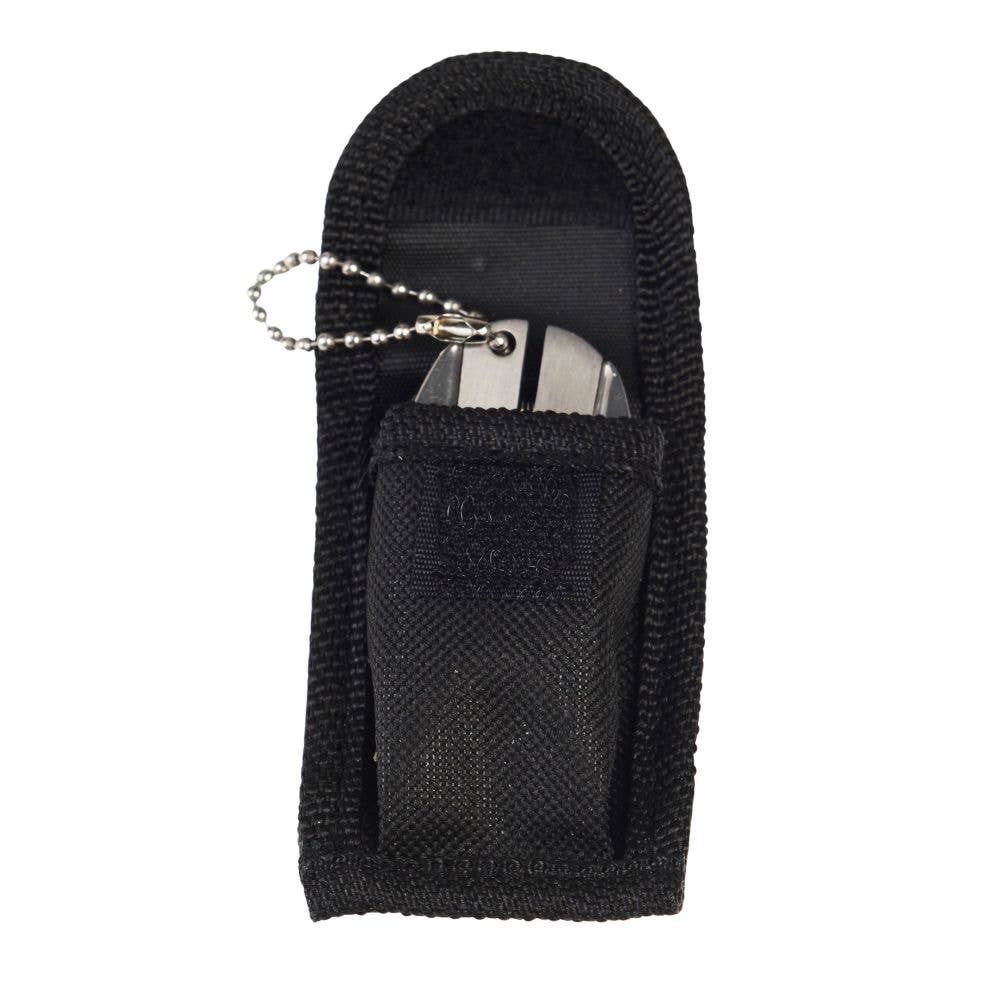 Black knife sheath with a pocket knife inside on a white background