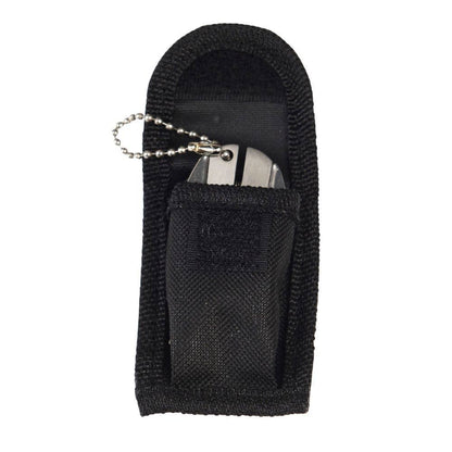 Black knife sheath with a pocket knife inside on a white background