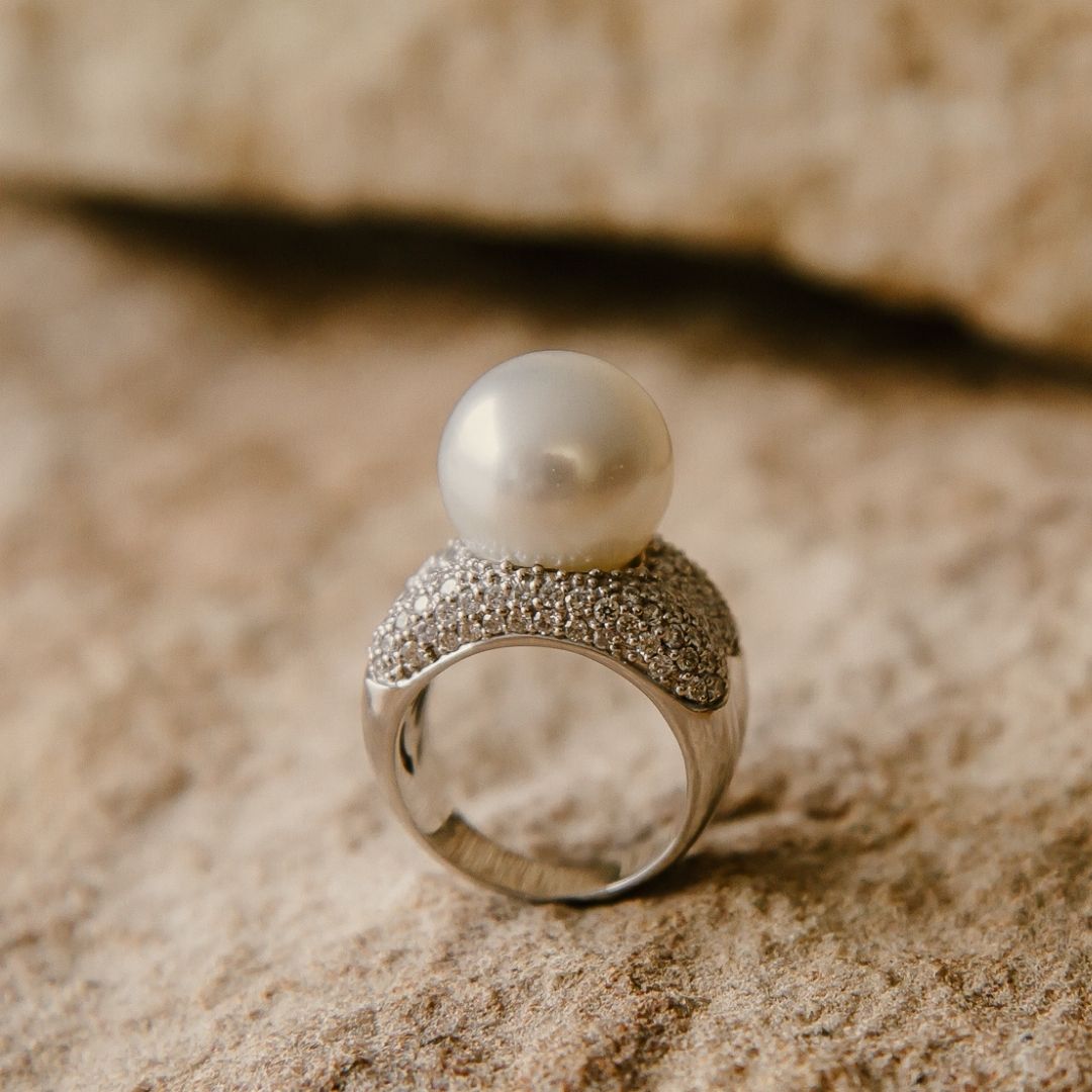 A stunning Stella Pearl Ring featuring a Cygnet Bay (WA) grown Australian South Sea pearl complemented by 115 White Diamonds set in gold.