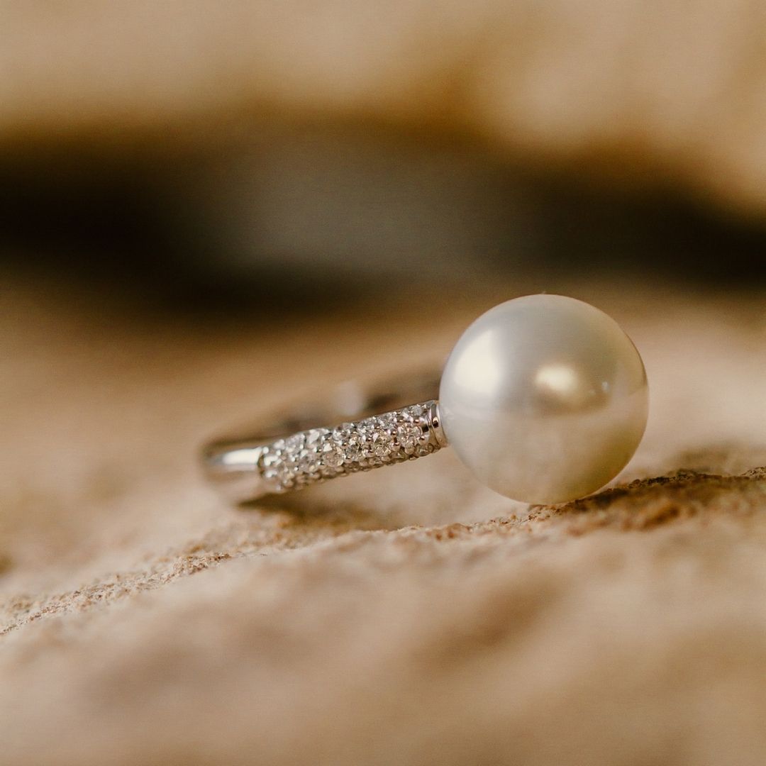 A stunning Stella Petite Pearl Ring featuring a Cygnet Bay (WA) grown Australian South Sea pearl complemented by 36 White Diamonds set in gold.