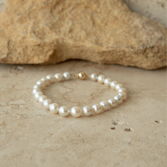 Strand Bracelet Australian Akoya Broken Bay 7-7.5mm AA 25pc 9ct Yellow Gold 21cm