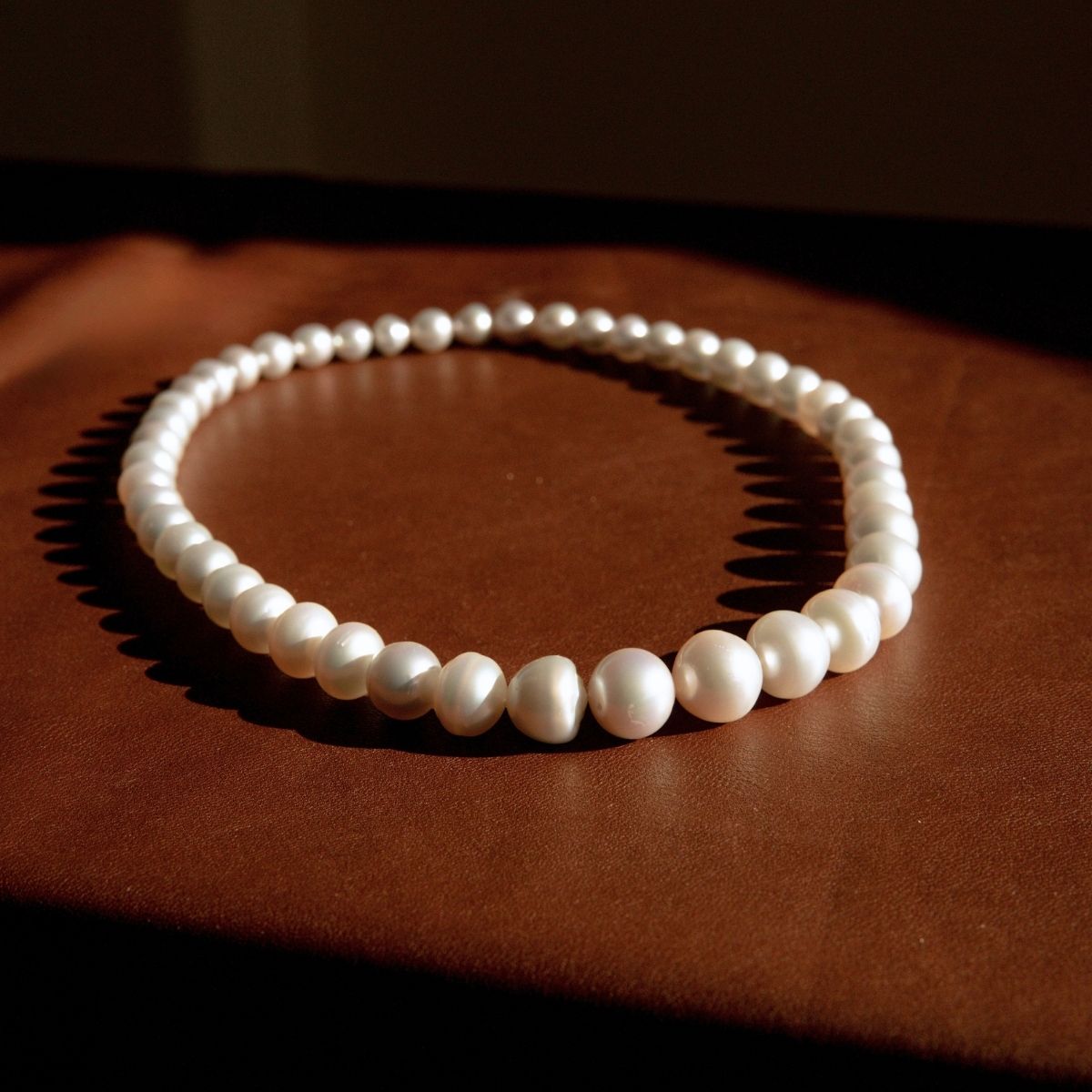 A strand necklace of white button shaped Australian South Sea pearls arranged in a circle on a brown leather surface, lit by dramatic side lighting that casts strong shadows.
