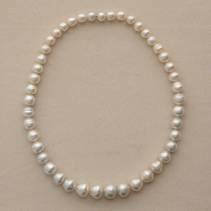 A graduated strand of Australian South Sea pearls arranged in a circle on a light beige textured background.