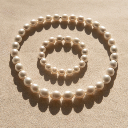 A set of matching pearl strand neclace and bracelet in graduated sizes, arranged in a circle pattern on a textured beige surface with soft shadows.