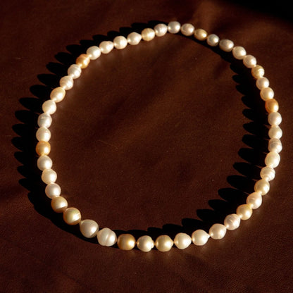 A strand of Australian South Sea white and cream pearls arranged in a circle on a dark brown textured surface, casting soft shadows.
