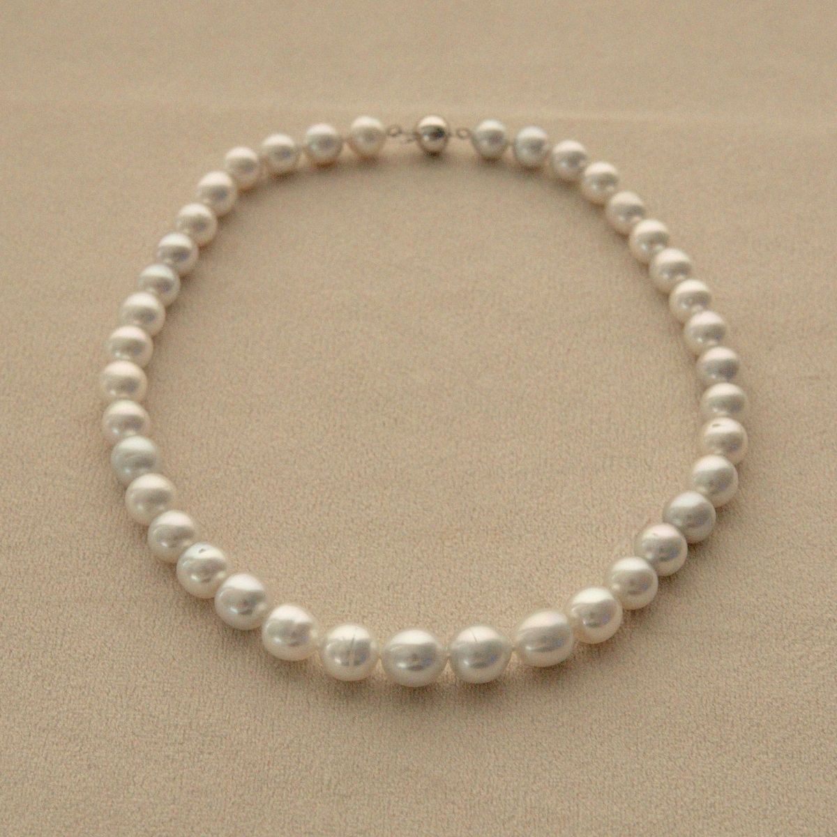 A strand of semi drop shape Australian South Sea pearls arranged in a circle on a textured beige background, featuring a small silver clasp at the top.
