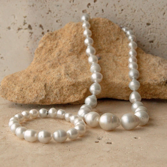 Strand Necklace & Bracelet Set Australian South Sea Cygnet Bay Circle 8-15mm A3+/B2 White Silver 52pc 60cm Stainless Steel Invisible Clasp
