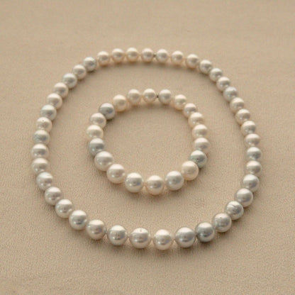 Strand Necklace & Bracelet Set Australian South Sea Cygnet Bay Drop/Semi Drop 8-10mm B2 Silver 61pc 59cm Stainless Steel Invisible Clasp