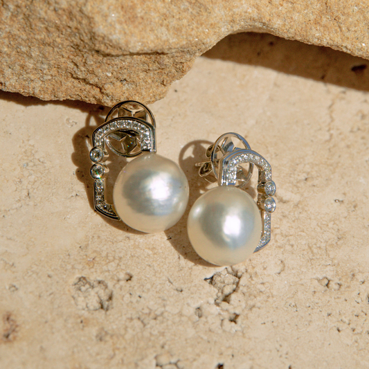 Submerge Earrings Australian South Sea Cygent Bay 14mm Baroque A3 Diamond 32=0.45ct H/SI 9ct White Gold