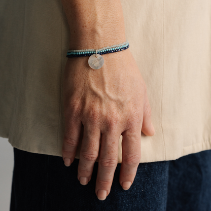 As part of our partnership with Take 3 for the Sea, we have crafted an Aquamarine, Lapis Lazuli, Turquoise charm bracelet featuring our beautiful Australian Mother of Pearl shell from our Cygnet Bay Pearl Farm. Available in two sizes, and set with an adjustable parrot clasp.