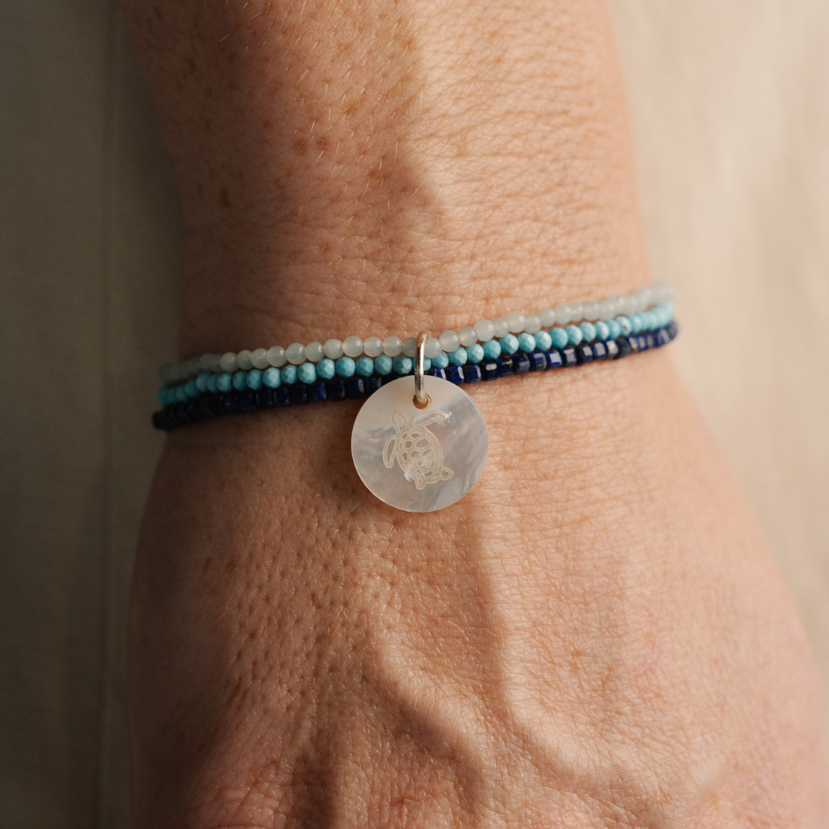 Take 3 Aquamarine, Lapis Lazuli, Turquoise and Mother of Pearl Bracelet Sterling Silver