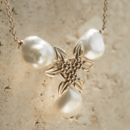 A one-of-a-kind Keshi Leaf Pearl Necklace featuring Cygnet Bay (WA) grown Australian South Sea Keshi pearls set on a gold chain.