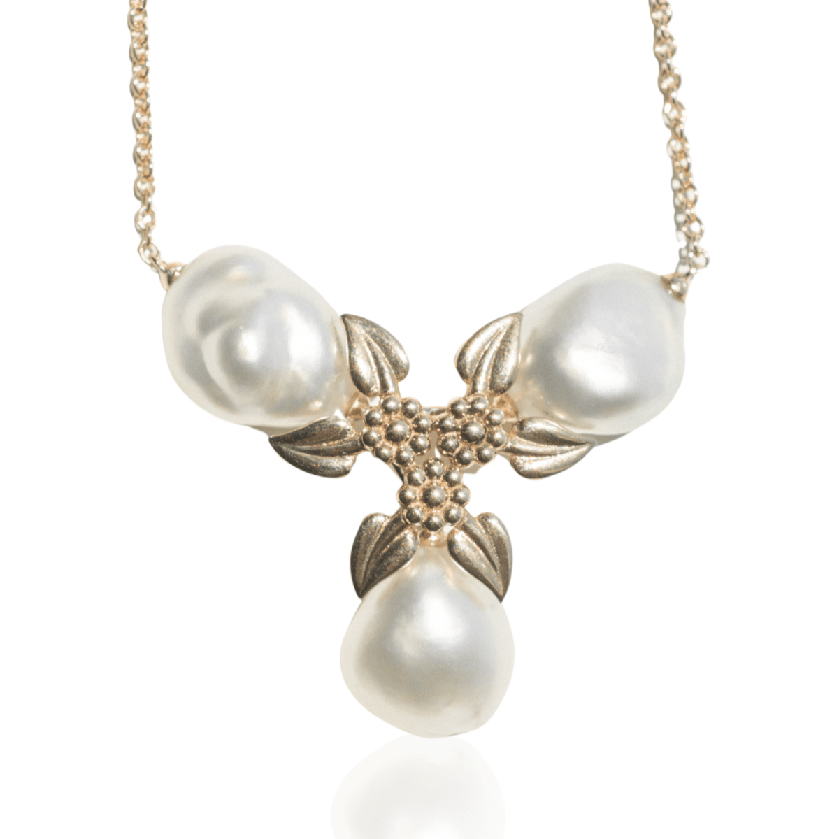 A one-of-a-kind Keshi Leaf Pearl Necklace featuring Cygnet Bay (WA) grown Australian South Sea Keshi pearls set on a gold chain.