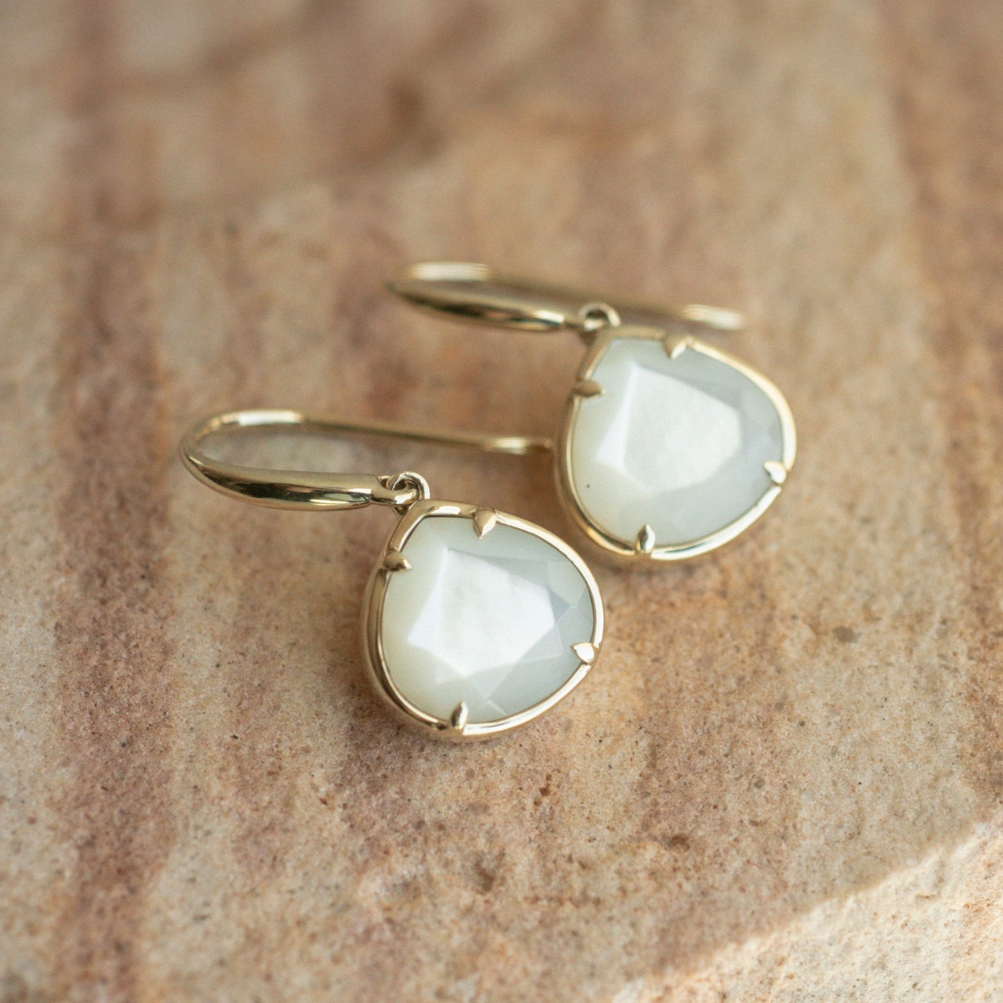 These stunning Radiance Pear Cut Hooks feature faceted Mother of Pearl grown at our Cygnet Bay Pearl Farm (WA) set in gold.