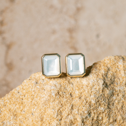 These stunning Radiance Emerald Cut Stud Earrings features faceted Mother of Pearl grown at our Cygnet Bay Pearl Farm set in gold.