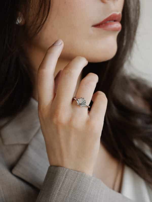 Mother of Pearl Petite Shell Ring worn by Model